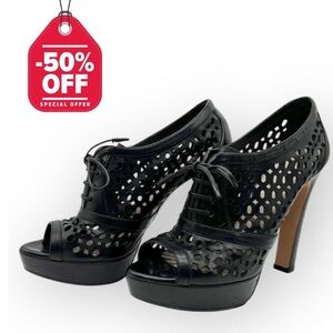 Prada Womens Heels Perforated Lace-Up Platform Black Leather Peep Toe